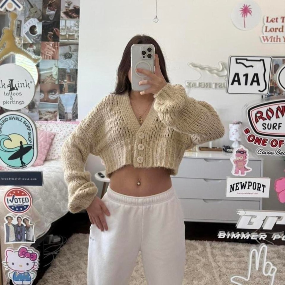 cream urban outfitters knitted‎ cardigan sweater